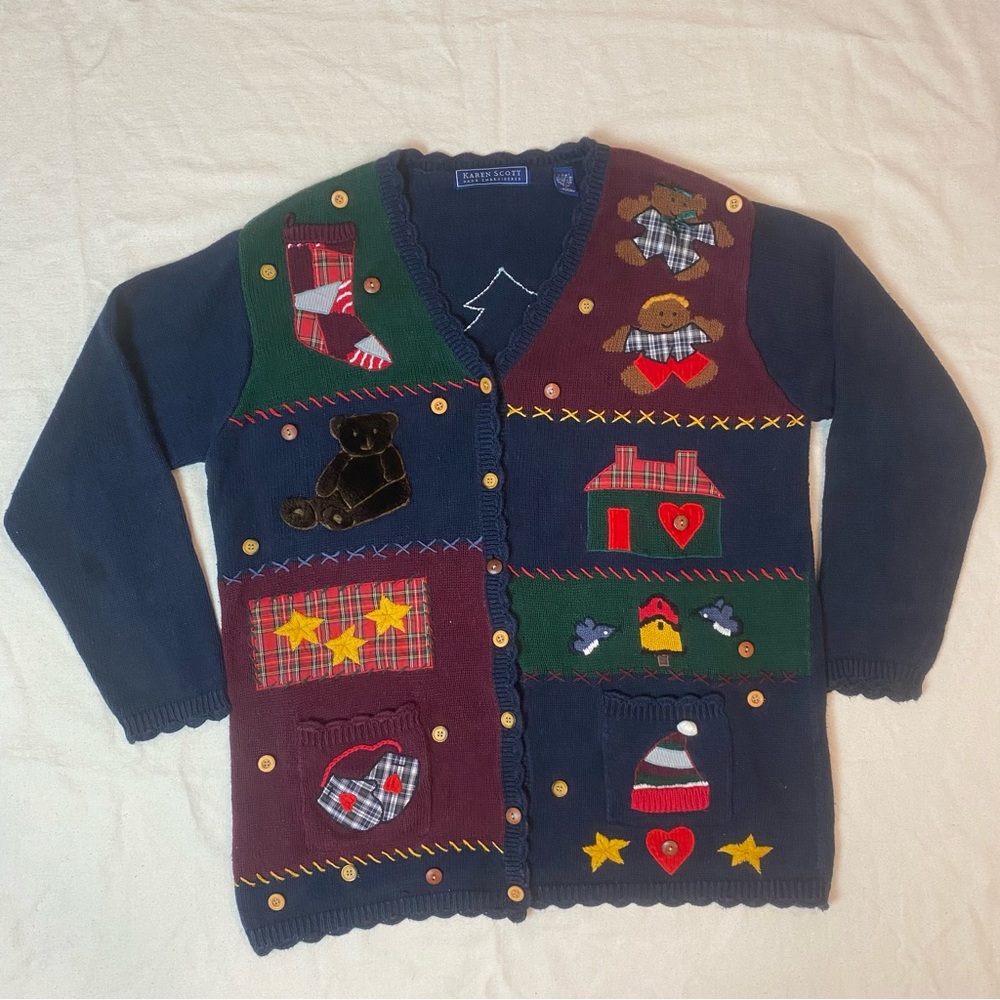 Vtg Ugly Christmas Sweater Cardigan L Teddy Bears Patchwork Tree Cottagecore